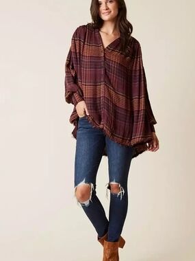 Free People "Come On Over" Plaid Tunic Oversized Shirt Bohemian-style Flowy